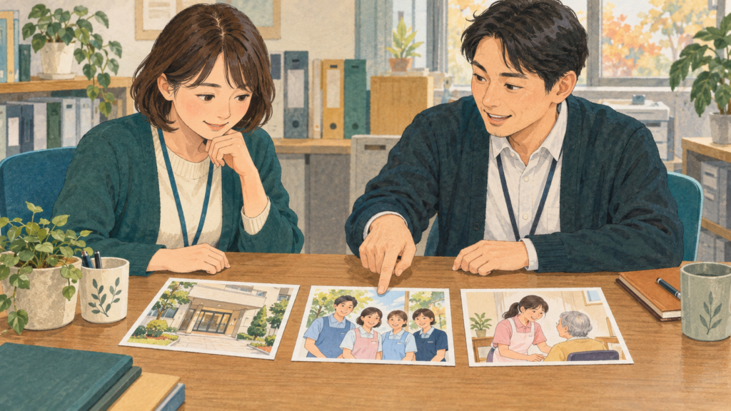 職場紹介のカードを並べ、採用で伝える内容を相談する二人