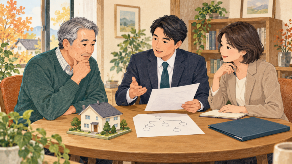 家の模型と家族関係図を前に相続について相談する人たち