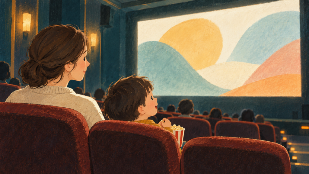 映画館の客席でスクリーンを見つめる親子