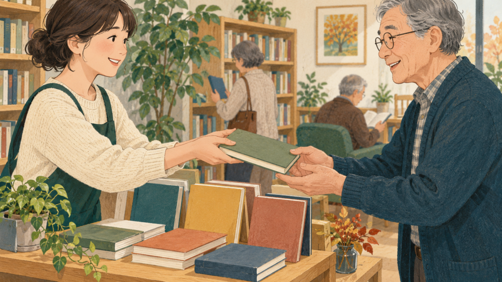 本の並ぶ場所で一冊を手渡す二人