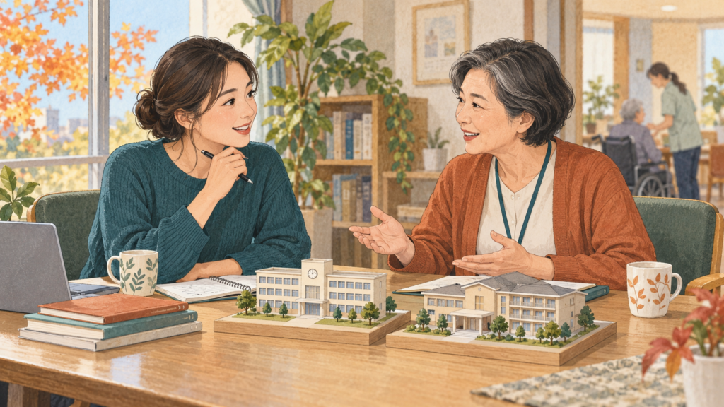 学校と介護施設の模型を前に、学習と就業の支援について相談する二人