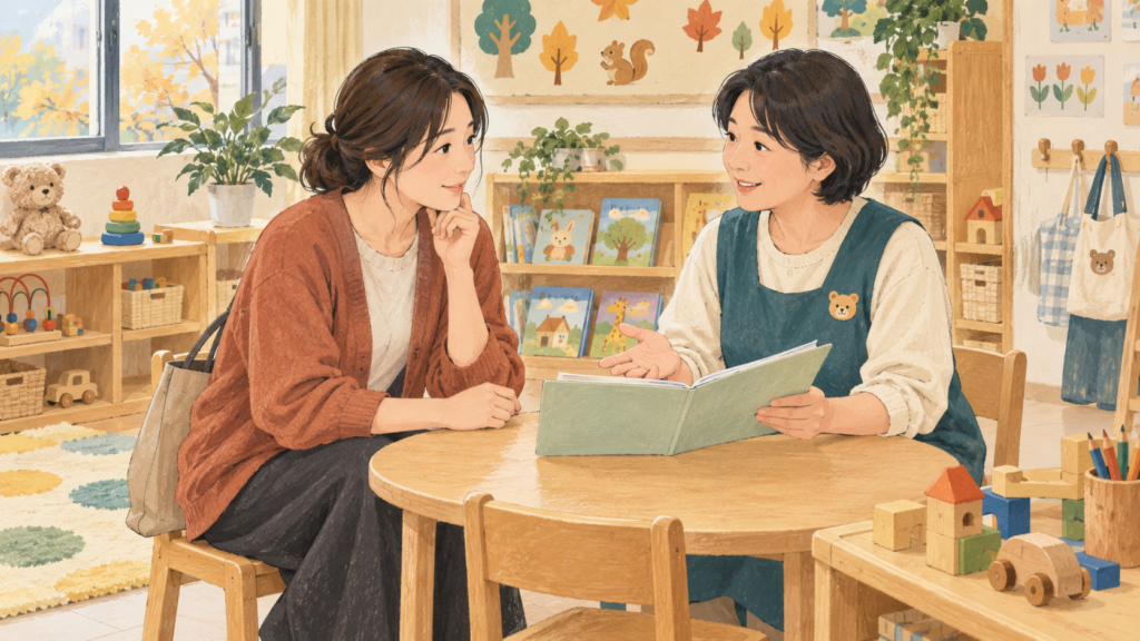 保育室で入園に向けて話を聞く保護者