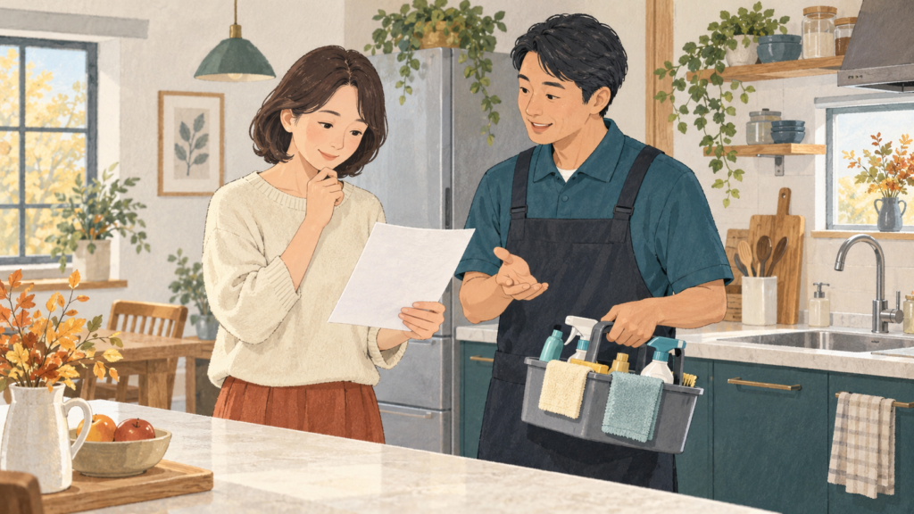 清掃道具を持つ業者と作業内容の書類を確認する依頼者