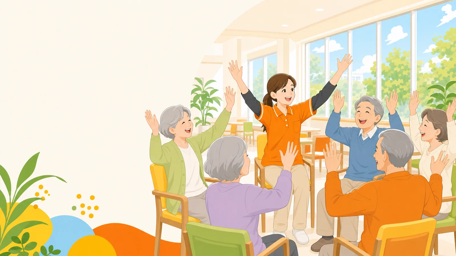 デイサービスで体操を楽しむ利用者とスタッフのイラスト