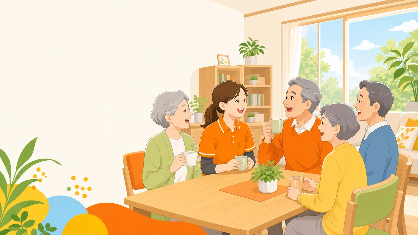 グループホームで食卓を囲む入居者とスタッフのイラスト