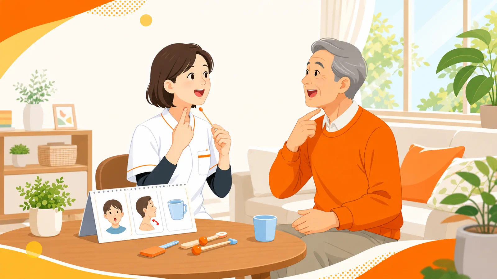 言語聴覚士が利用者と向かい合い、発声と飲み込みの訓練を行っているイラスト